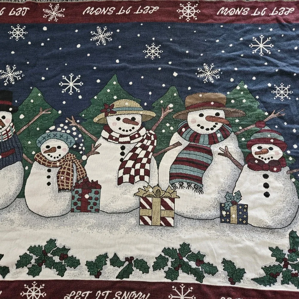 Let It Snow Snowman Family Woven Tapestry Throw Blanket Fringed Holiday‎ Decor
